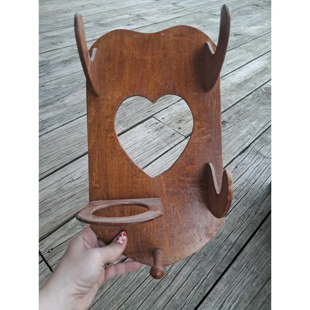 Vtg 90s Heart Wall Shelf Bathroom Iron Hair Dryer Organizer Oak Cottage Core T2